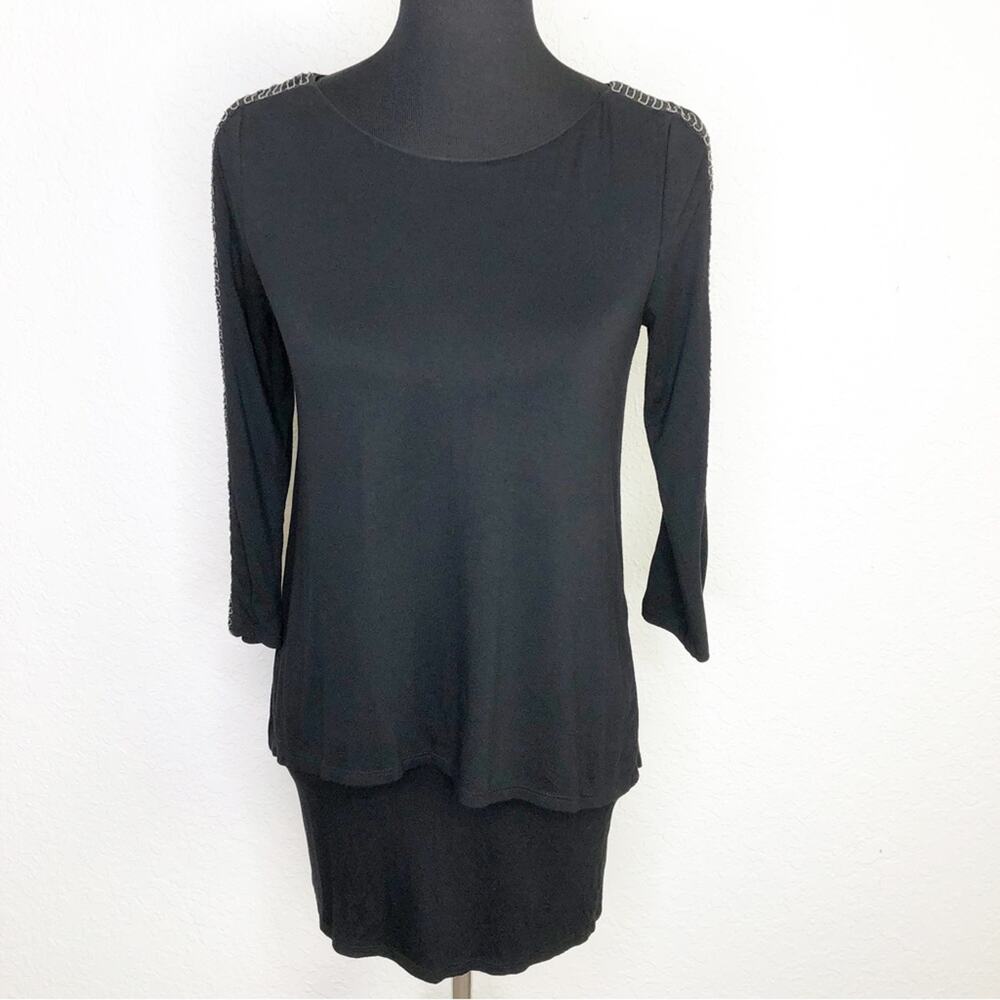 WHBM black layered beaded sheer panel sleeve knit tunic top size Extra Small XS